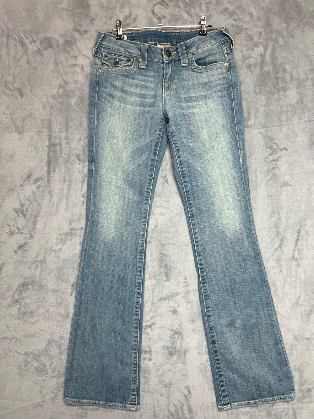 True Religion Becky Jeans 28 Low Rise Bootcut Light Wash Embroidered Patch USA
